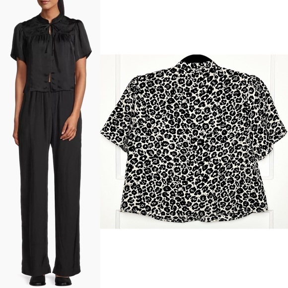 NWT CIAO LUCIA Leopard Short Sleeve Gathered Front Yoke Tie High Neck Crop Top S - Picture 5 of 10